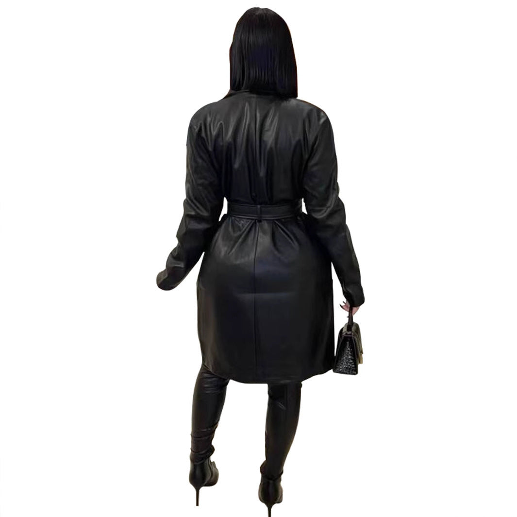 Long Leather Coat with Lapel