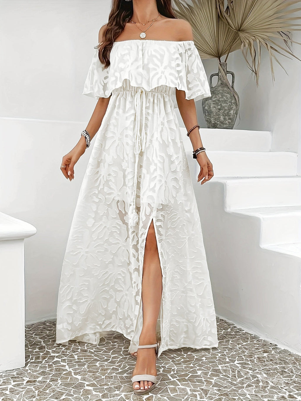 Women Clothing Elegant off Shoulder Split Long Jacquard Dress
