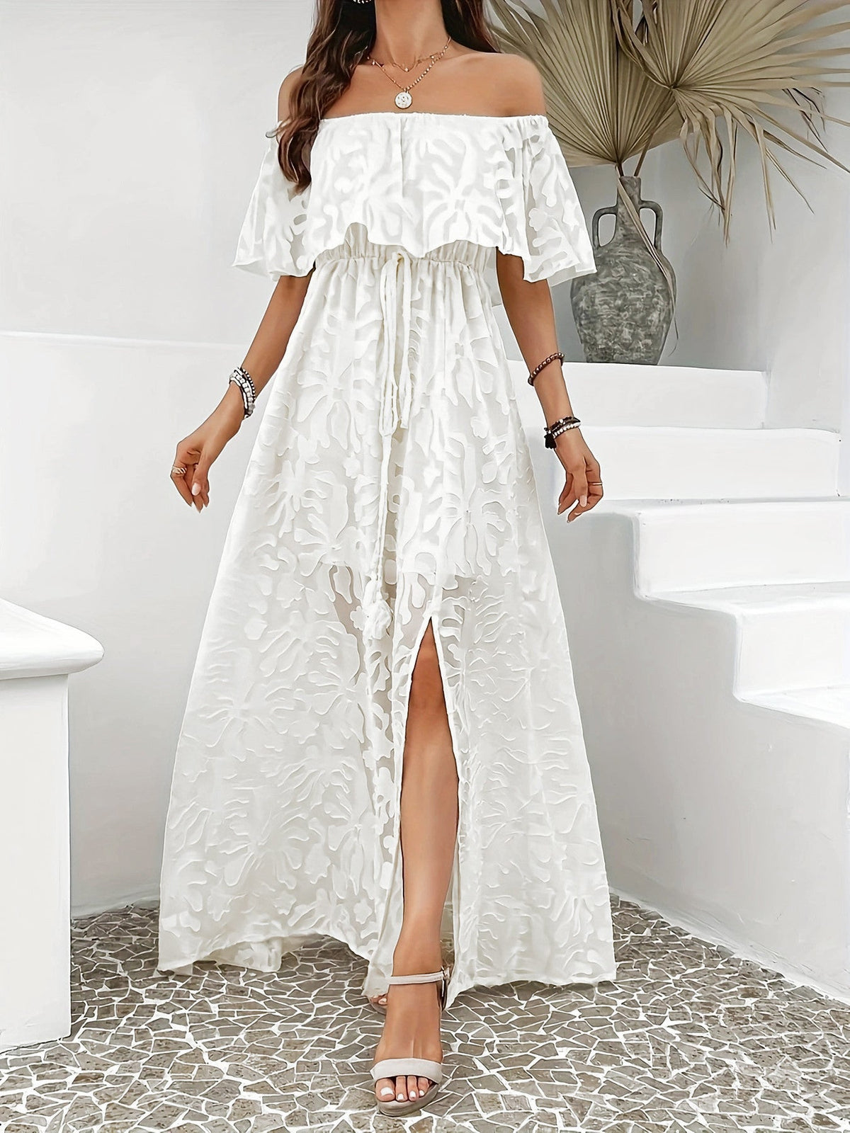 Women Clothing Elegant off Shoulder Split Long Jacquard Dress
