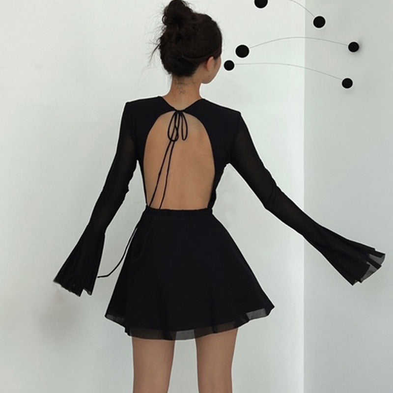 Fall Women Clothing Sexy Park Caiying Same Crew Neck Trumpet Long Sleeve Mesh Dress