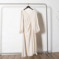 French Retro Lantern Sleeve V Neck Sexy Beaded Waist Slimming Glossy Satin Dress Women