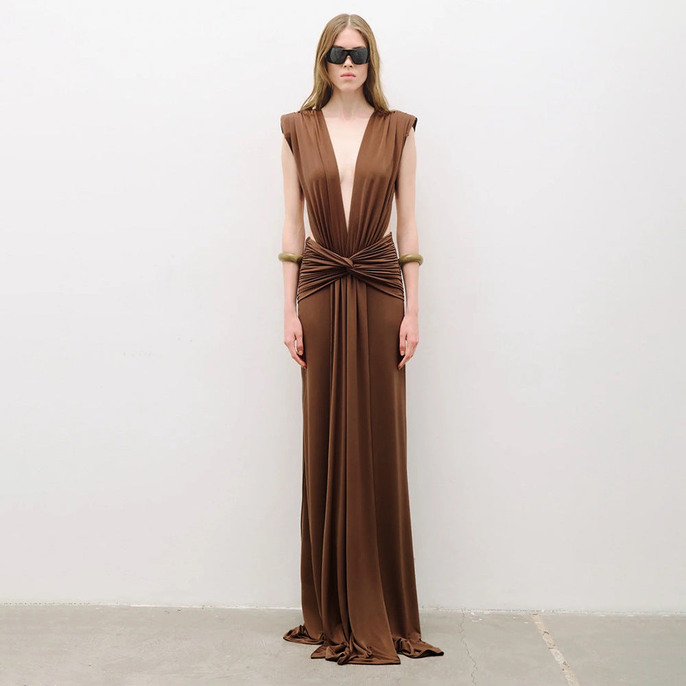 Sexy Brown Twisted Pleated Sleeveless Deep V Plunge Women Clothing Hip Dress