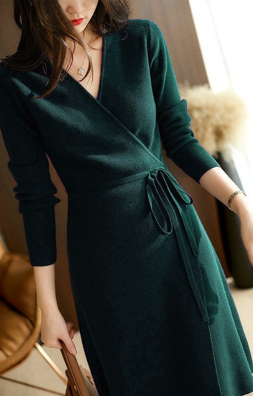 V neck Lace up Stomach Blanket Dress Women Autumn Winter Korean Loose Slim Socialite Knitted Dress