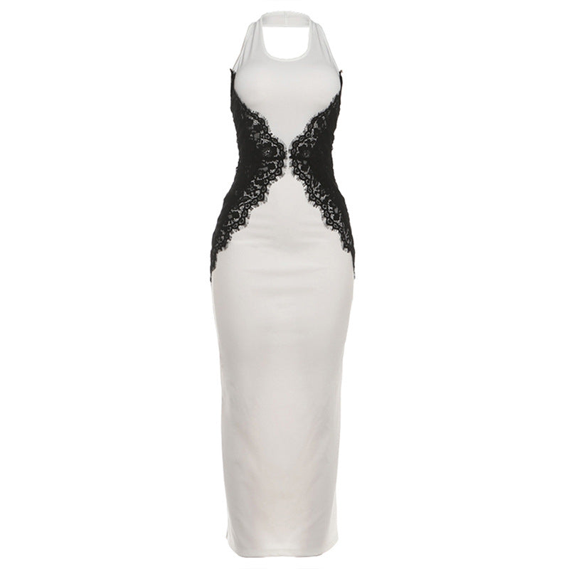 Autumn Winter Women Elegant Sexy Lace Stitching Hollow Out Cutout Contrast Color Slim Fit Halter Dress
