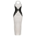 Autumn Winter Women Elegant Sexy Lace Stitching Hollow Out Cutout Contrast Color Slim Fit Halter Dress