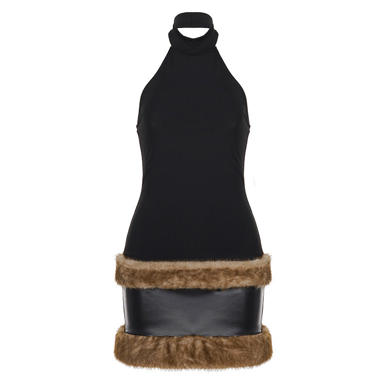 Autumn Winter Fur Stitching Party Dress Halter Leather Plush Hip