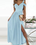 Women Clothing Maxi Dress Printed V neck Elegance Sleeveless Sexy Slit Dress