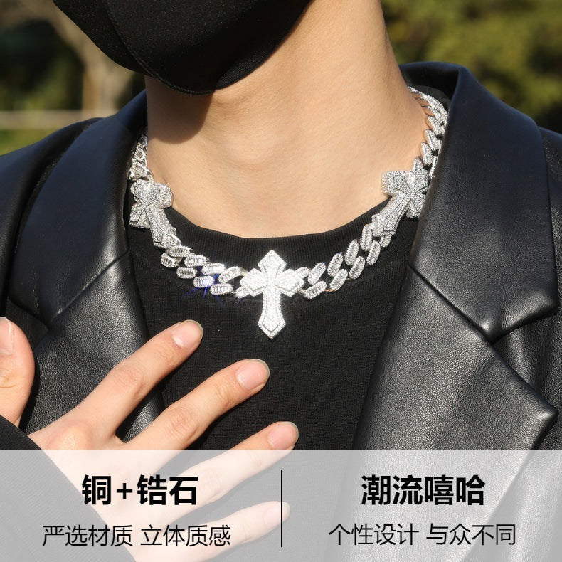 mens gold cross cuban link chain necklace