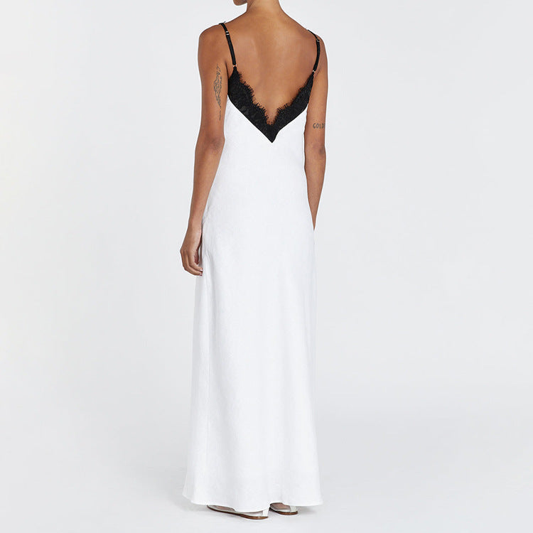 Stitching Design Lace Contrast Color Cami Dress Women Sexy Backless V neck Sleeveless Sheath Dress