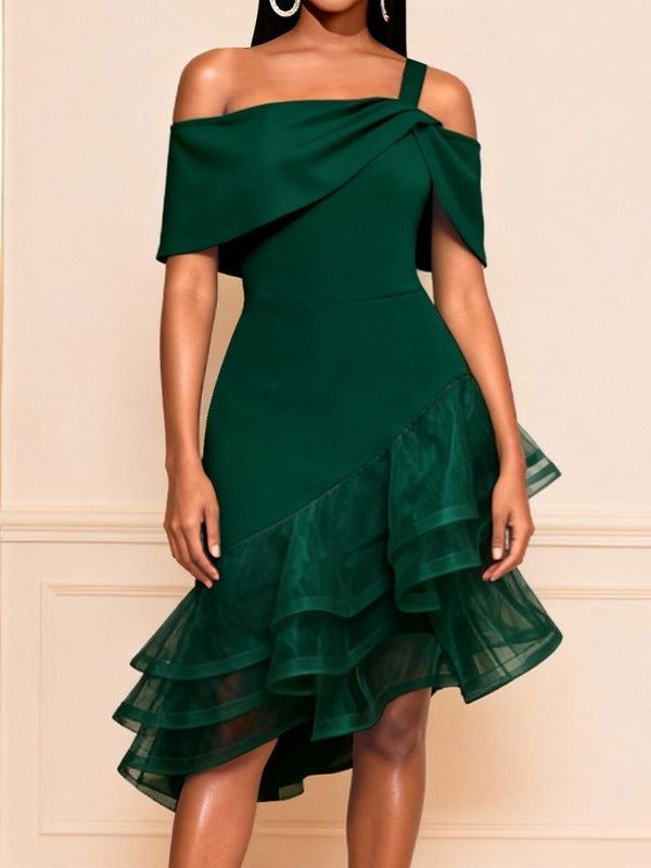 Sexy One Shoulder Irregular Asymmetric Hip Wrapped Dress Bowknot off the Shoulder Waist Party Bridesmaid Dress
