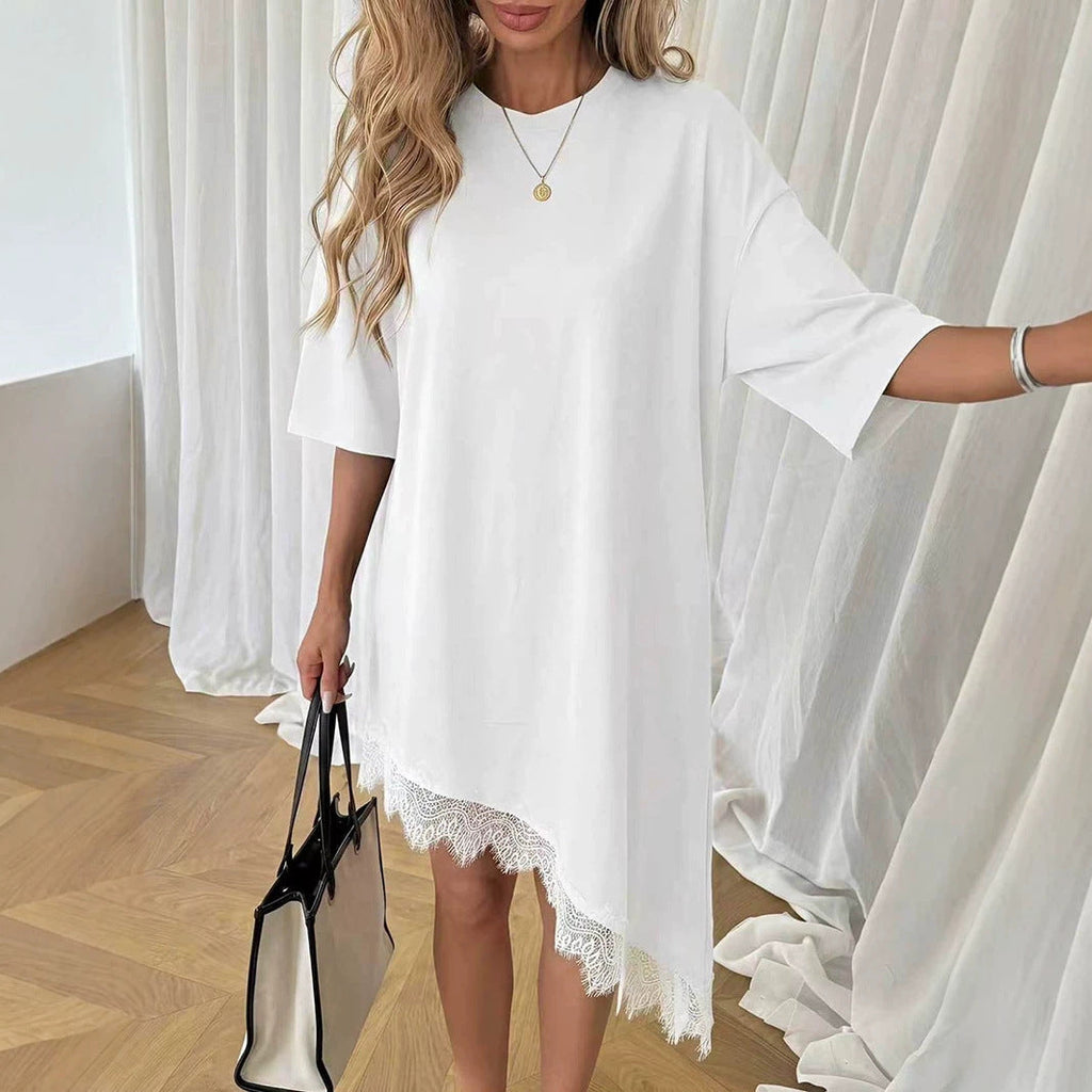Women Clothing Summer Irregular Asymmetric Loose Solid Color Half Sleeve Dress
