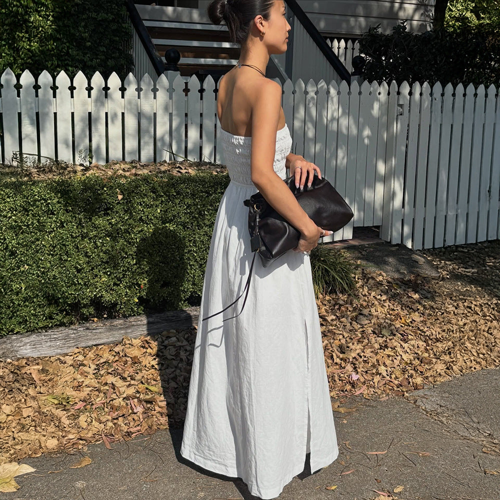 Purified Cotton Tube Top Dress Summer Vacation off the Shoulder Pleated High Waist Maxi Dress