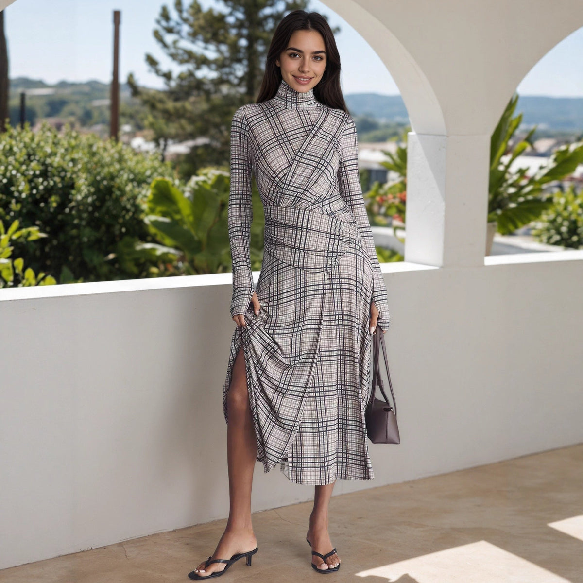Autumn Winter Elegant Women Clothing Stand Collar Long Sleeve Plaid Fabric Pleated Slim Fit Casual Dress