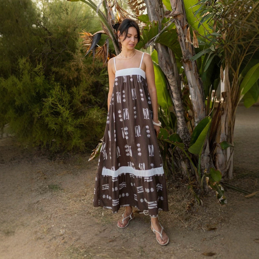 Dress Color Matching Print Holiday Large Swing Strap Dress for Women