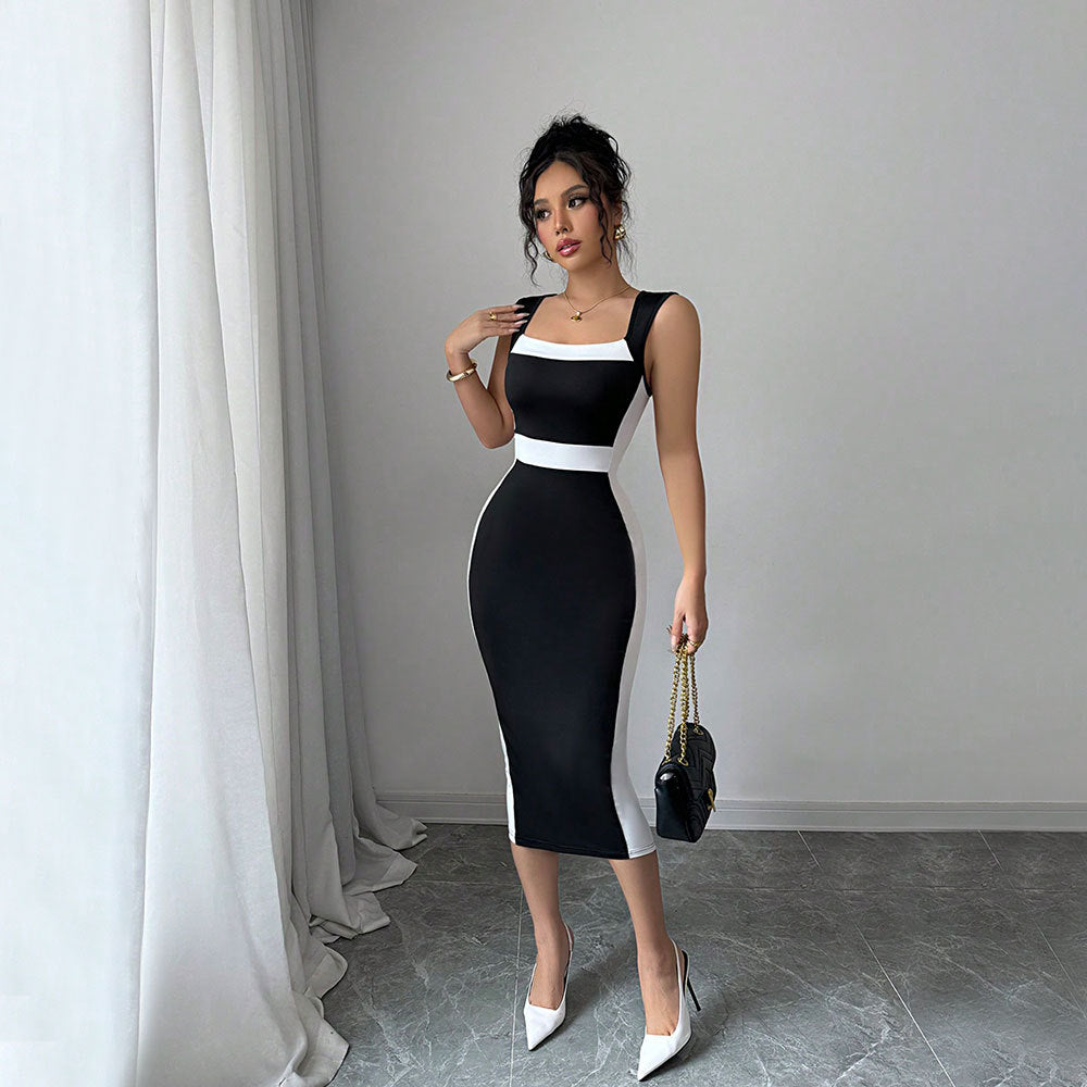 Summer Women Clothing Adult Lady Like Woman Intellectual Maxi Dress Square Neck Strap Contrasting Color Dress