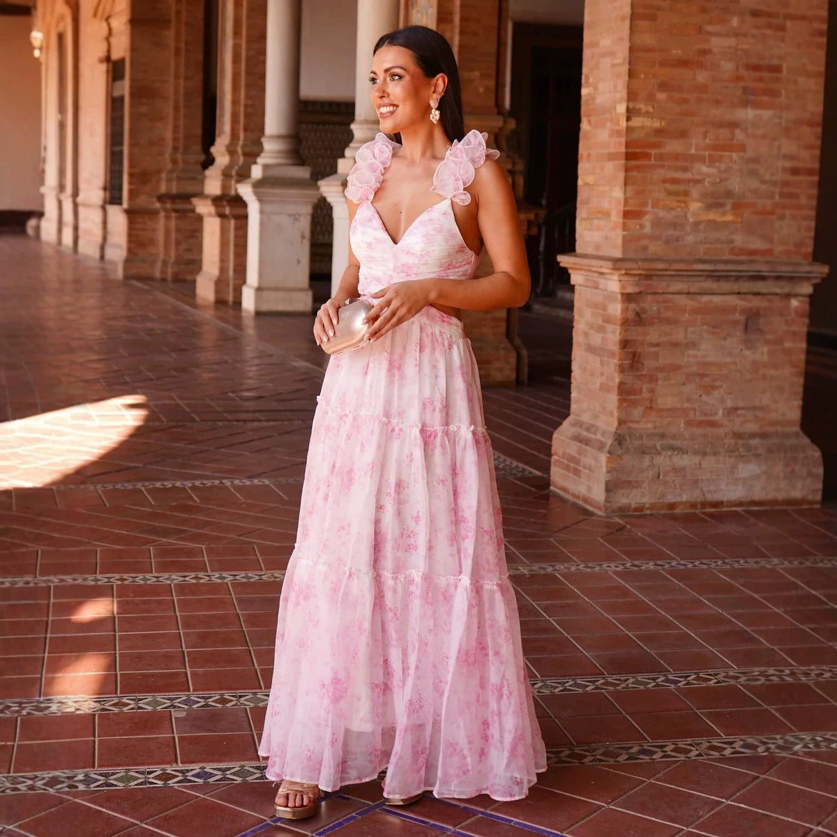 Spring Summer Vacation Chiffon Printed Backless V neck Strap Midi Dress
