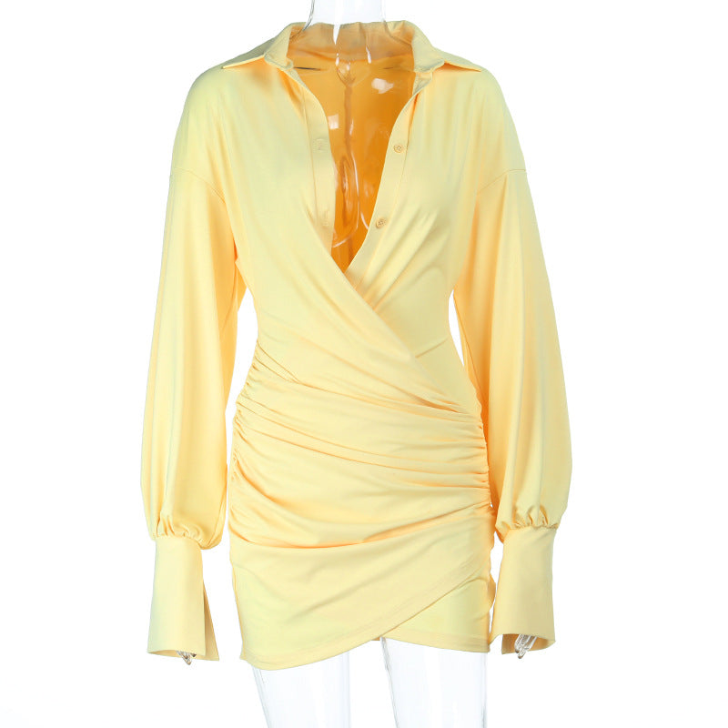 Sexy Deep V Plunge neck Pleated Hip Shirt Dress Women Sexy Dress