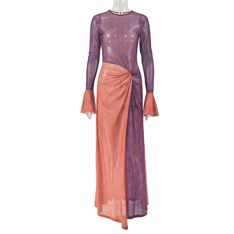 Summer Slim Fit Women Clothing Lightweight Slightly Transparent Sheath Asymmetric Dress round Neck Pleated Long Sleeve Dress