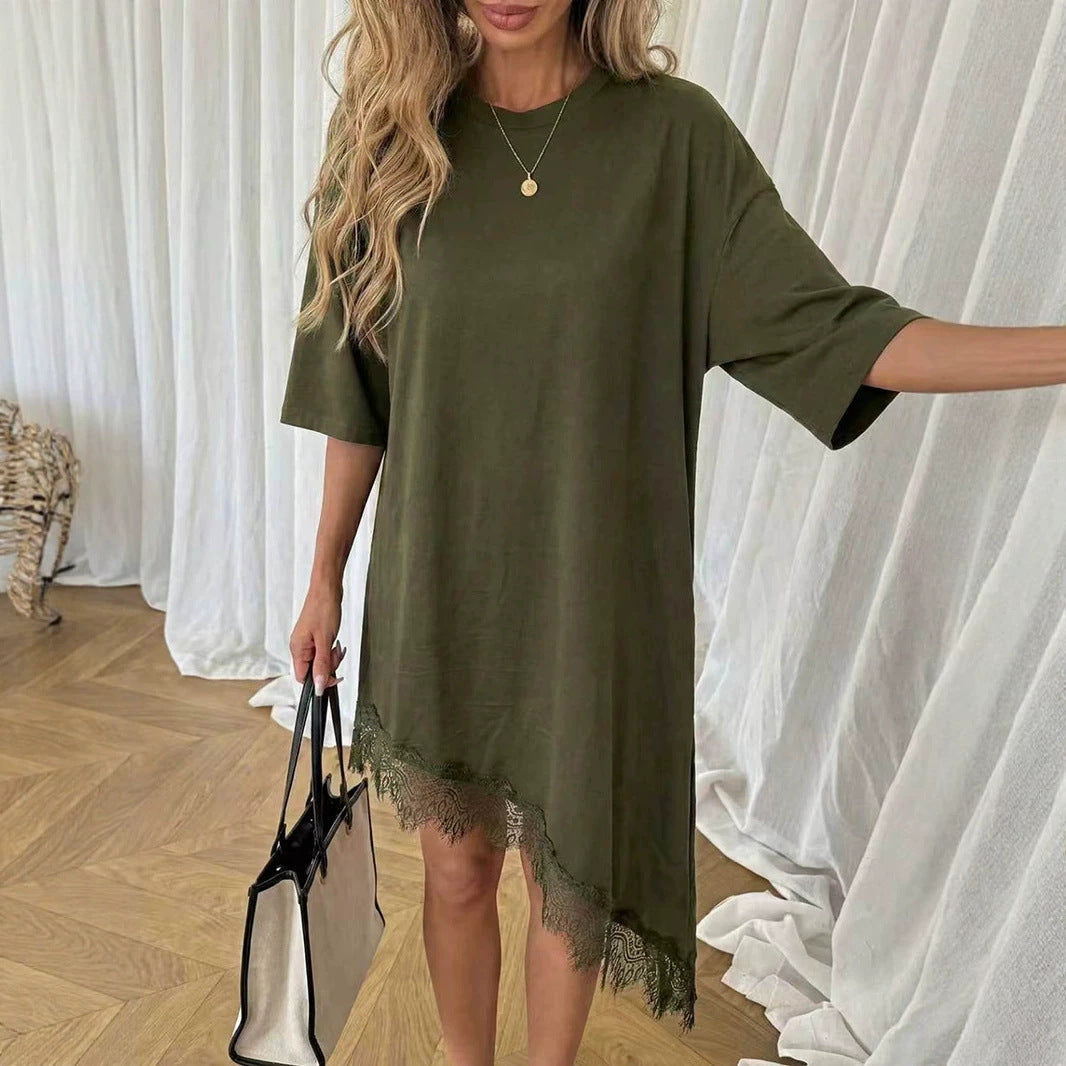 Women Clothing Summer Irregular Asymmetric Loose Solid Color Half Sleeve Dress