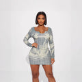 Women Clothing Cool Portrait Printing Slim Fit Sheath Fitted Waist Long Sleeve Tight Dress