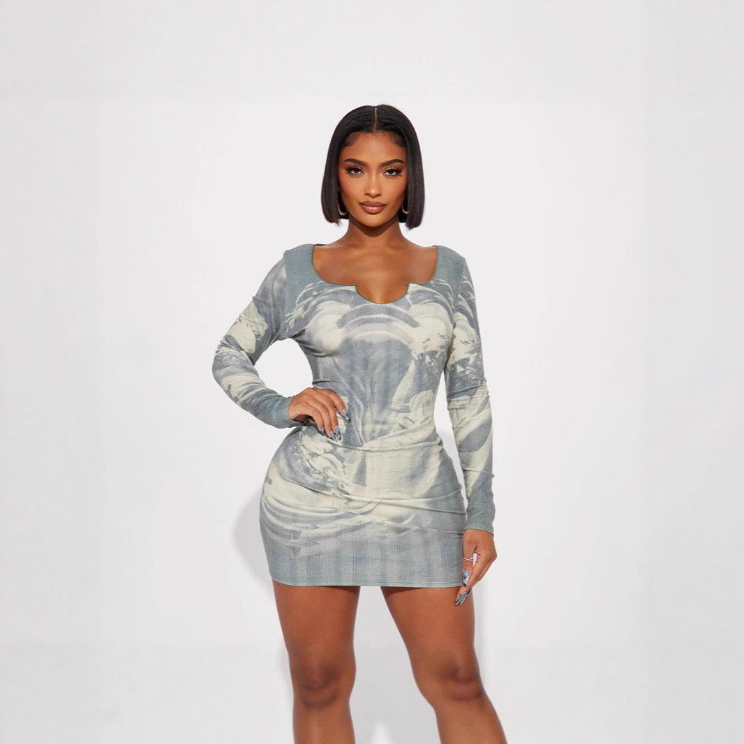 Women Clothing Cool Portrait Printing Slim Fit Sheath Fitted Waist Long Sleeve Tight Dress