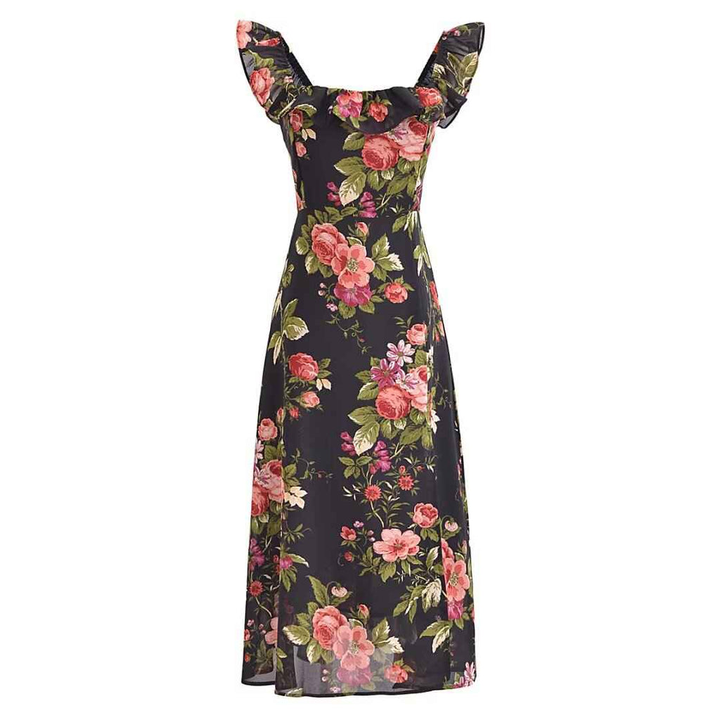 Slim and sexy side split waist mid-length dress, French retro square collar Print Chiffon Dress