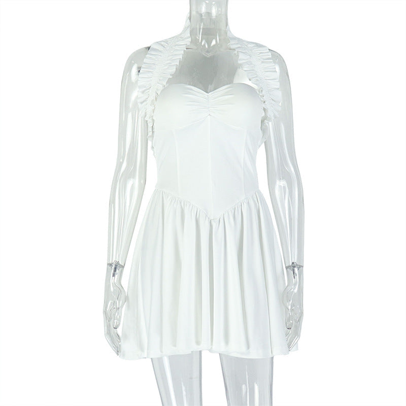 Solid Color Slim Women Clothing Sexy Backless Pleated A line Simple Halter Short Sleeveless Dress