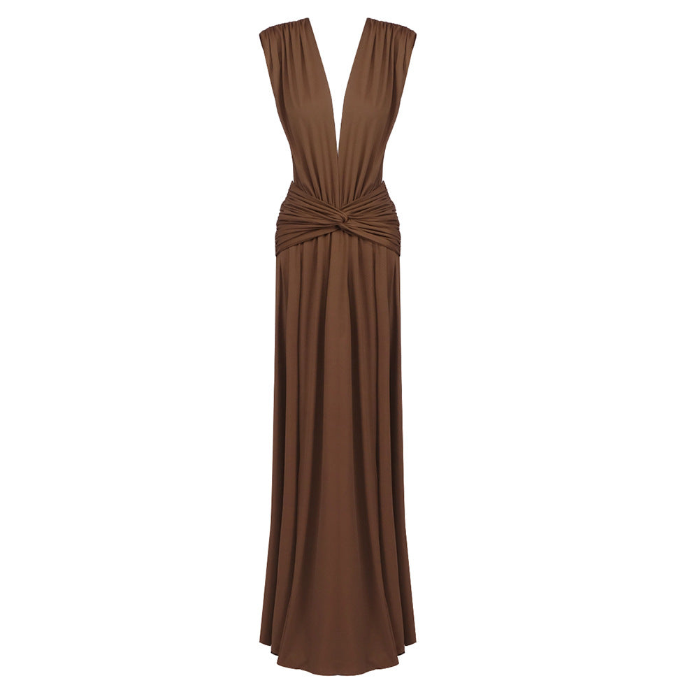 Sexy Brown Twisted Pleated Sleeveless Deep V Plunge Women Clothing Hip Dress