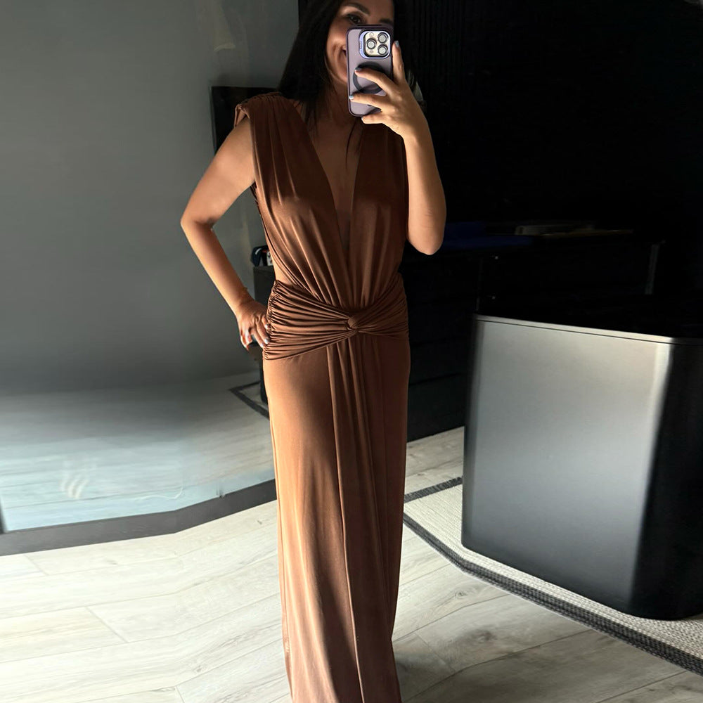 Sexy Brown Twisted Pleated Sleeveless Deep V Plunge Women Clothing Hip Dress