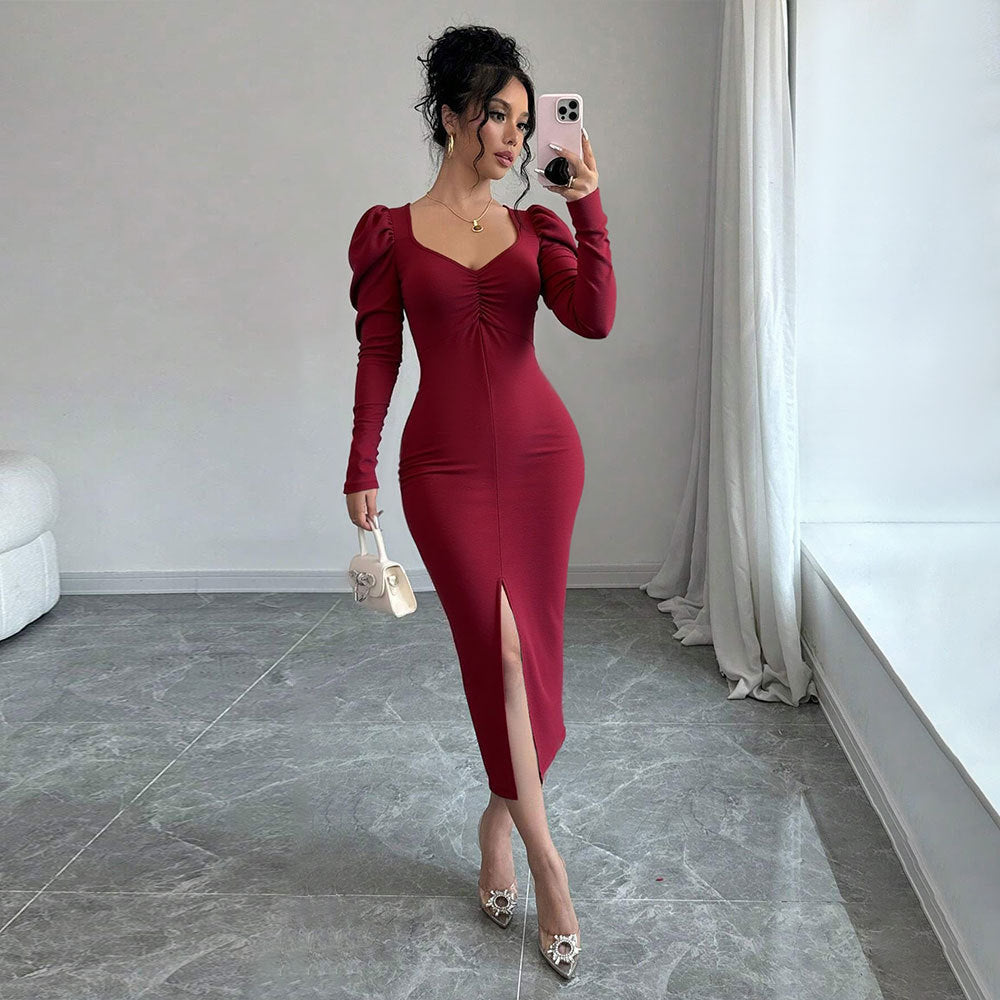 Retro Burgundy Velvet Dress for Women Autumn Winter Square Collar Puff Sleeve Waist Slimming Slit Sheath Maxi Dress