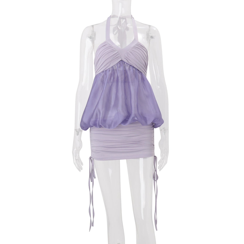 Women Clothing Summer off Shoulder Halter Pleated See through Color Matching Sleeveless Sheath Dress