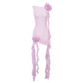 Sexy Pink Semi Transparent Lace Net Yarn Floral Ribbon round Neck Backless Dress Vacation Dress