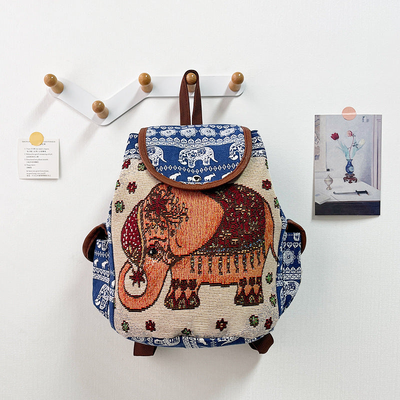 Retro Ethnic Drawstring Backpack – Elephant Embroidery Flap Closure, Bohemian Travel Daypack