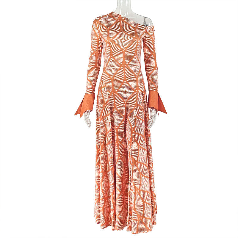 Slim Fit Fresh Women Pleated A line Dress Shoulder Collar Oblique Long Sleeve Dress