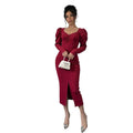 Retro Burgundy Velvet Dress for Women Autumn Winter Square Collar Puff Sleeve Waist Slimming Slit Sheath Maxi Dress