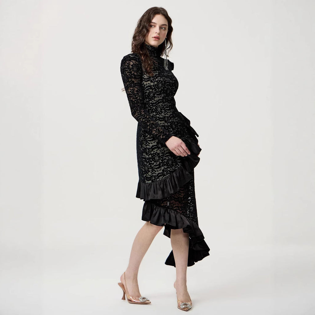 Women Wear Slim Flocking Dress Evening Dress Party Gathering Fishtail Dress
