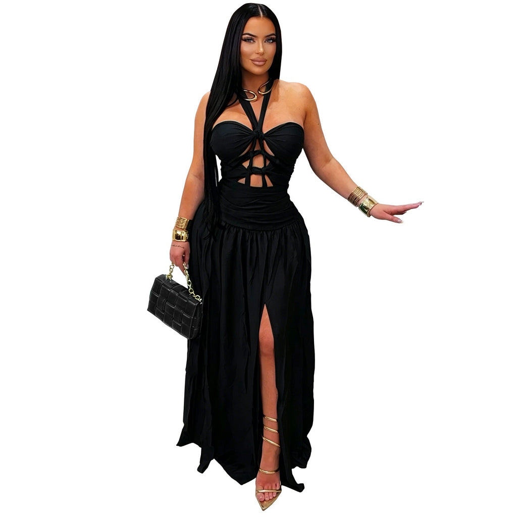 Popular Halter Cut out Lace up Party Evening Dress Satin Side Split Dress