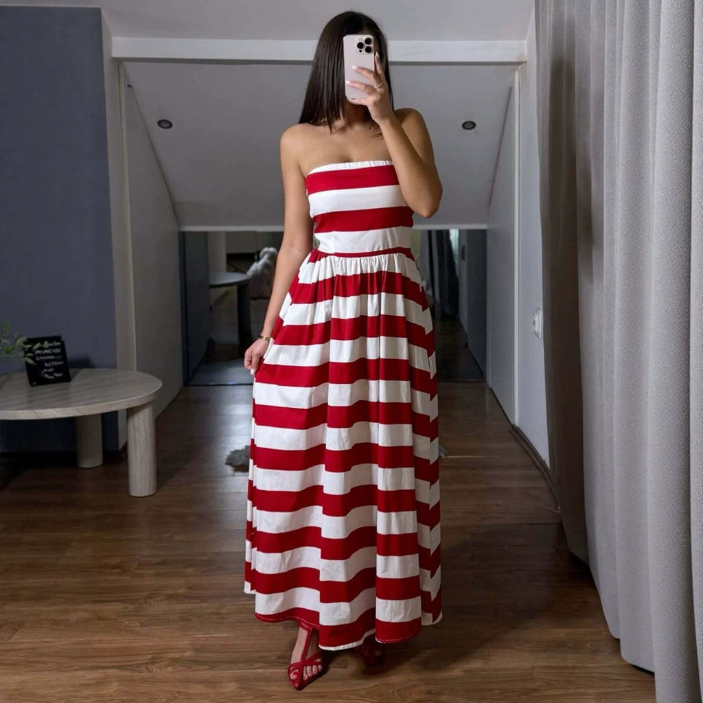 Women Dress Striped Print Wrapped Chest Swing Sexy Vacation Maxi Dress