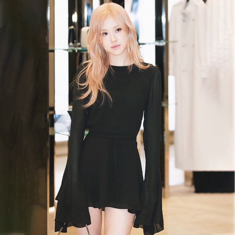 Fall Women Clothing Sexy Park Caiying Same Crew Neck Trumpet Long Sleeve Mesh Dress