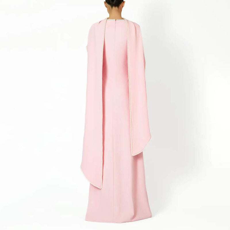 Elegant Pearl Embellished Cape Sleeve Evening Dress(MA400)