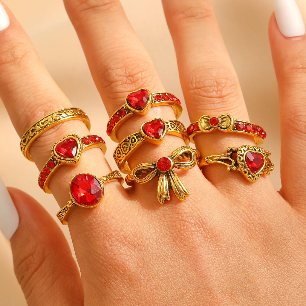 Art Vintage Palace Heart Geometric Red Zircon Bow Ring Women Luxury Band