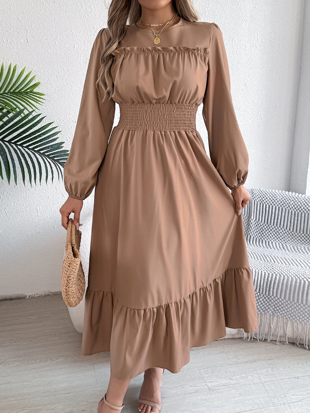 Autumn Winter Solid Color Elegant Wooden Ear Cinched Pleated Maxi Dress Women Clothing