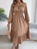 Autumn Winter Solid Color Elegant Wooden Ear Cinched Pleated Maxi Dress Women Clothing