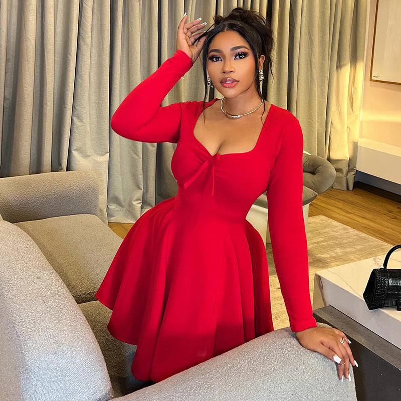 Women Clothing Outdoor All Matching Date A line Dress Pleated Long Sleeve Solid Color Dress