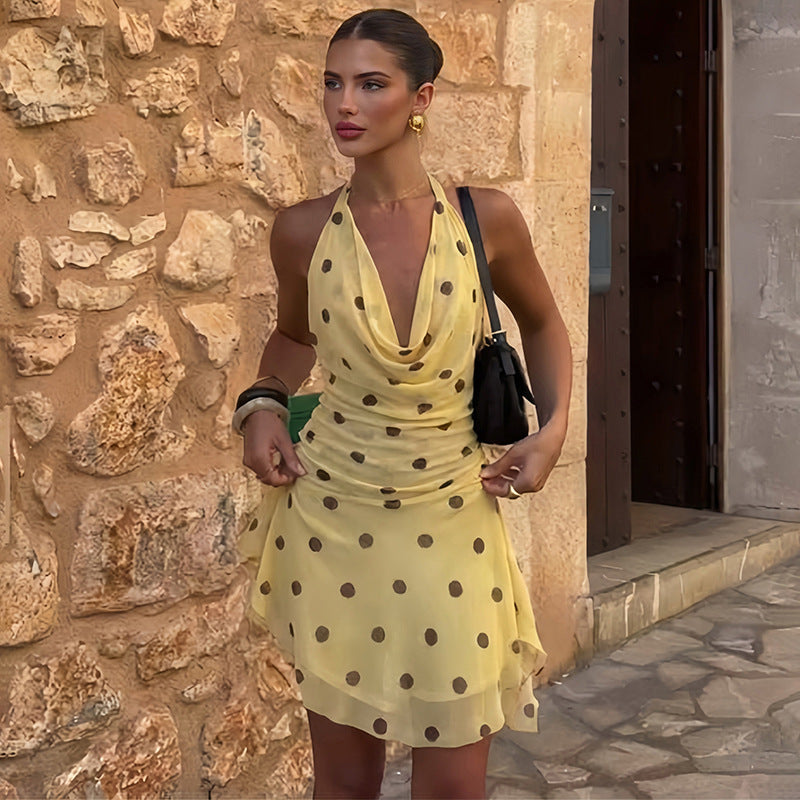Summer Women Clothing Sexy Halter Swing Collar Sleeveless Slim Dot Mesh Dress for Women