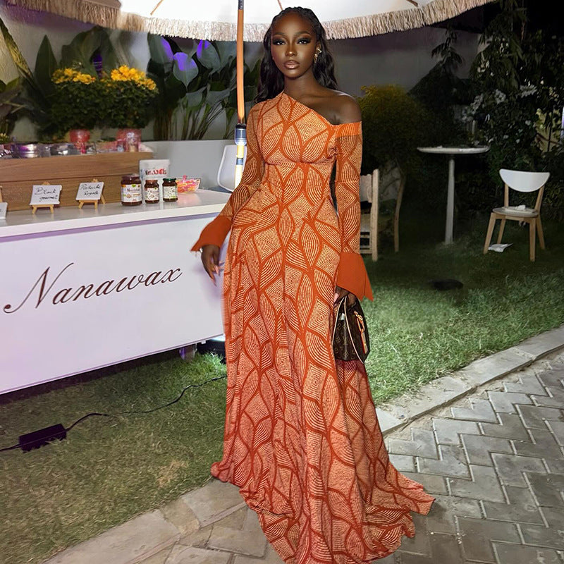 Slim Fit Fresh Women Pleated A line Dress Shoulder Collar Oblique Long Sleeve Dress