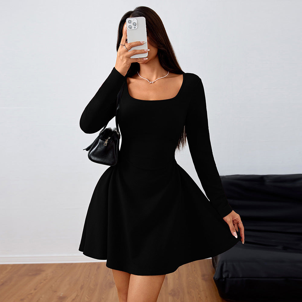 Spring Summer Women Clothing Square Collar Elegant Dress High Waist Design Dress