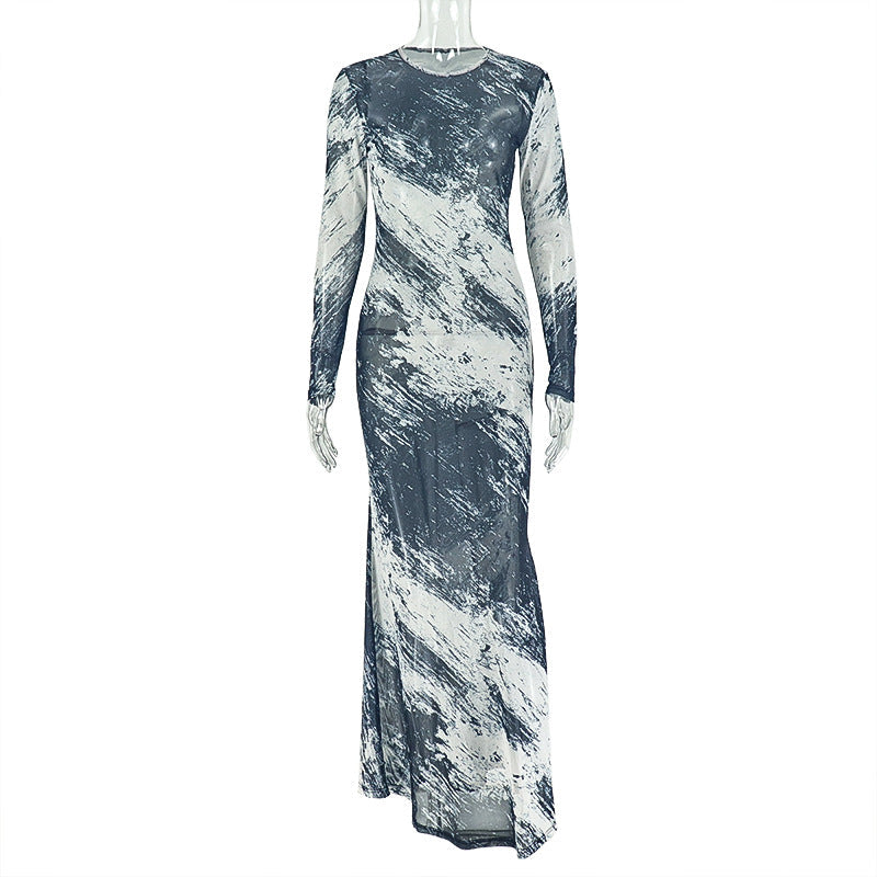 Personality Women Printed Wear Straight Hip Colorblock round Neck Long Sleeved Dress