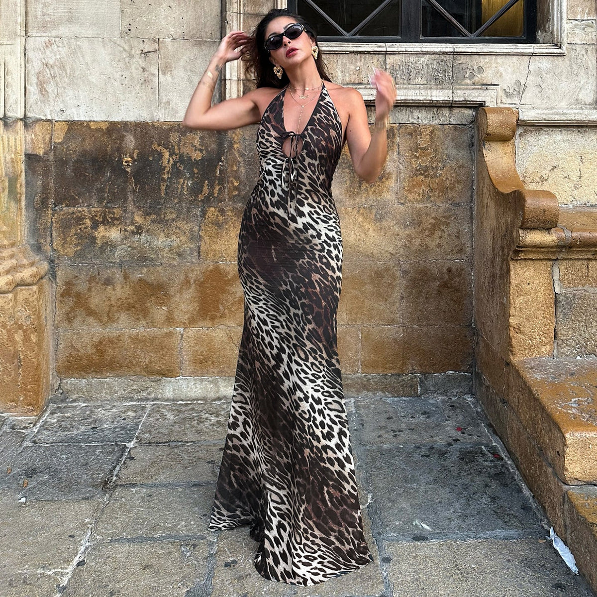Sexy Party Formal Dress Leopard Print Backless Halter Tied V neck Dress