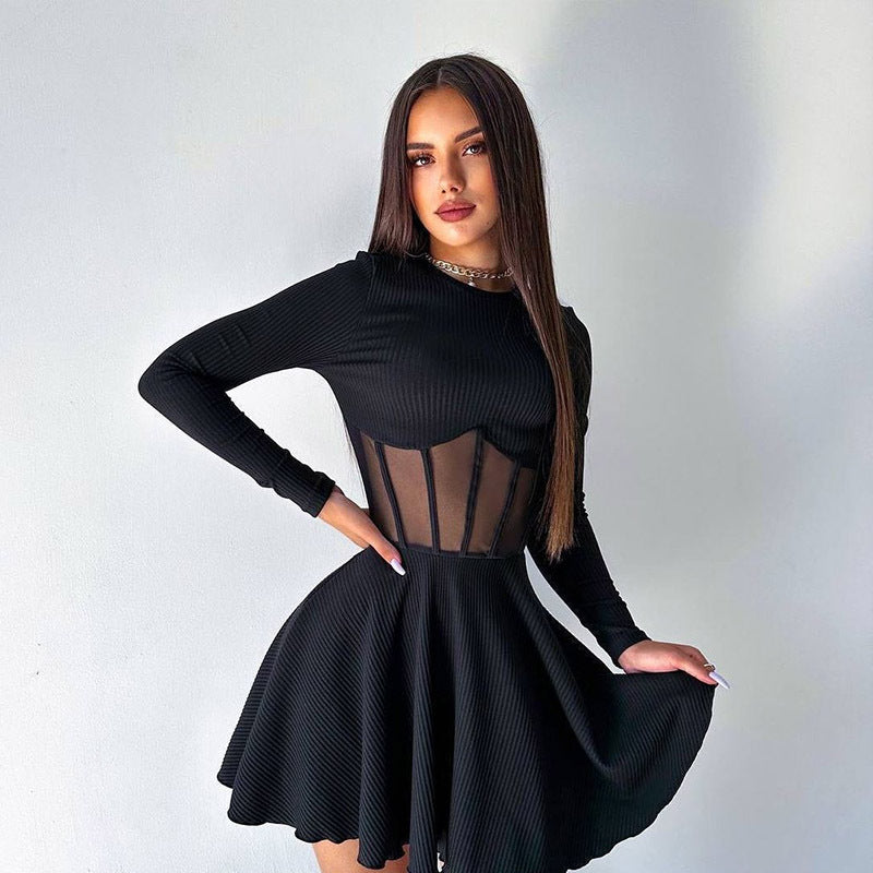 Fall Women Clothing Half High Collar Long Sleeves Mesh Patchwork See through Boning Corset Tight Waist Short Dress
